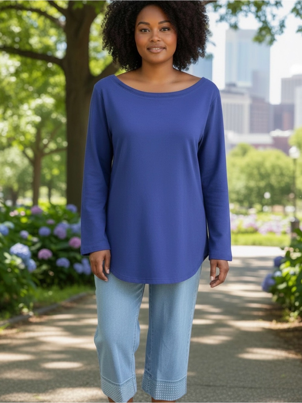 Mizrahi - Navy Long Sleeve Tunic Top - 100% Cotton, Stretch, Thicker Tee